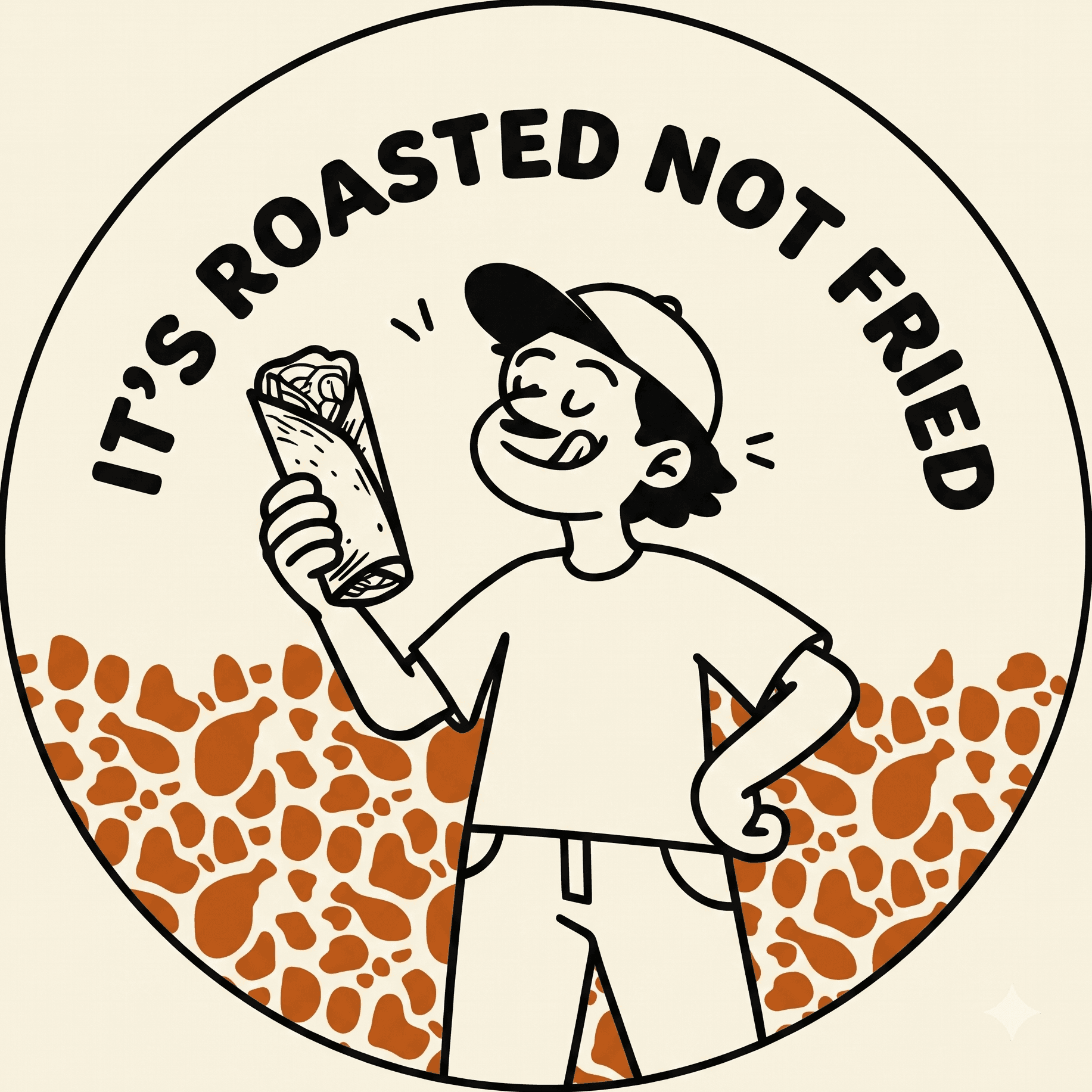 It's Roasted Not Fried — MK's mascot holding a tandoori roll, standing on the packaging's spotted pattern