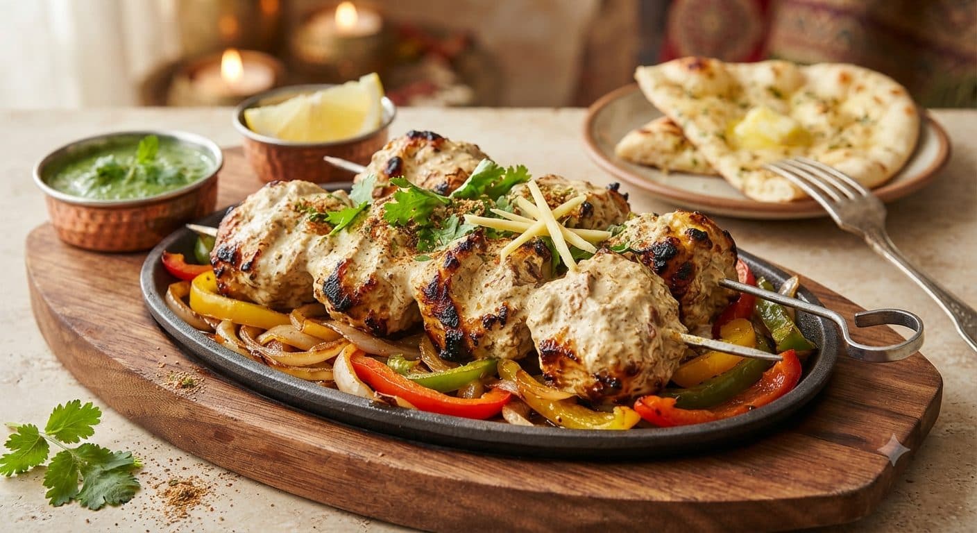MK's soya chaap skewers close-up, tandoor roasted