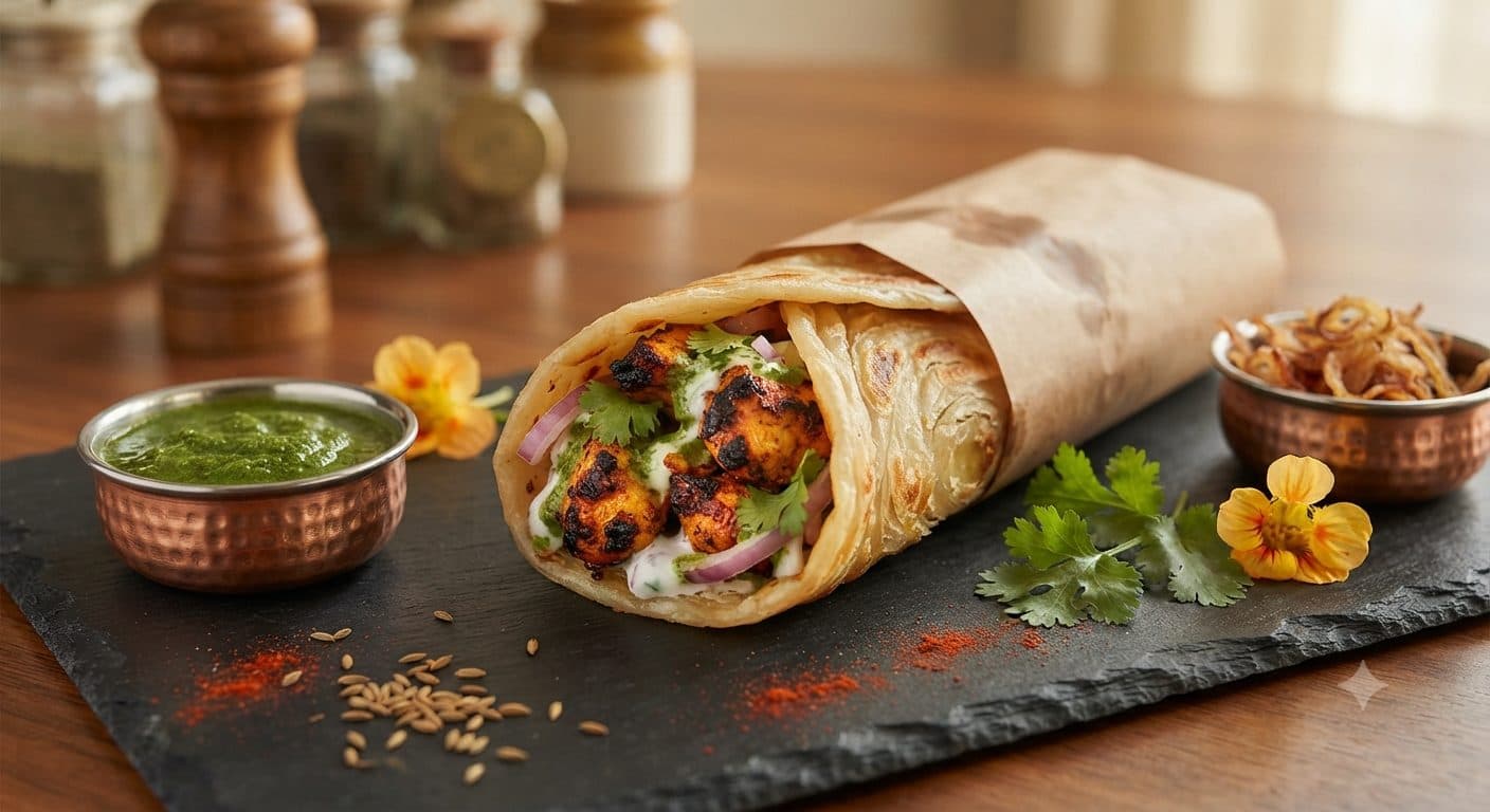 MK's chicken roll close-up, rumali roti and chutney
