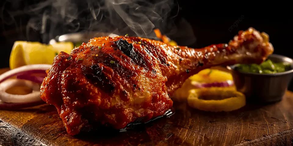 Grilled tandoori chicken leg piece, char-marked and roasted